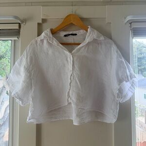 Zara Cropped White Linen Button-Front Shirt